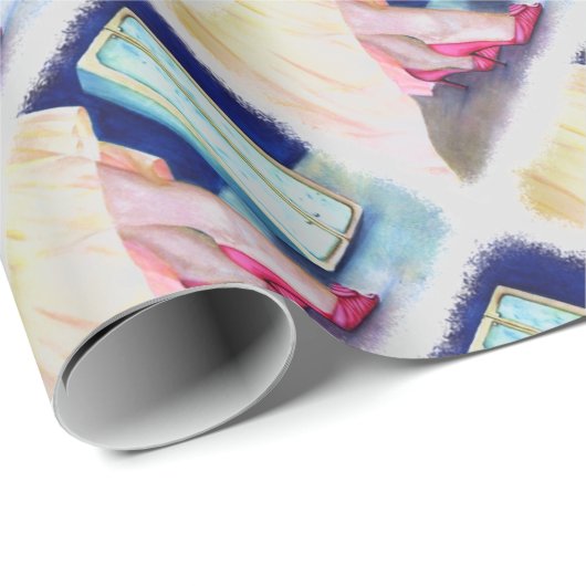 PAPIER CADEAU ROBE JAUNE, CHAUSSURES ROUGES PAPIER EN WRAPPER (Coin rond)