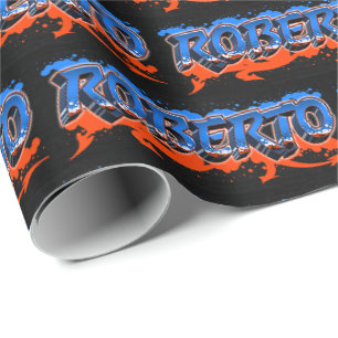 Papier Cadeau Roberto prénom nom graffiti bleu orange
