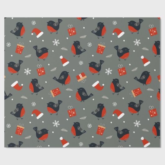 Papier Cadeau Robin Bird Motif de Noël avec cadeaux et Père Noël (Plat)