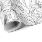 Papier Cadeau Robins et fleurs de lys, noir et blanc (Coin rond)