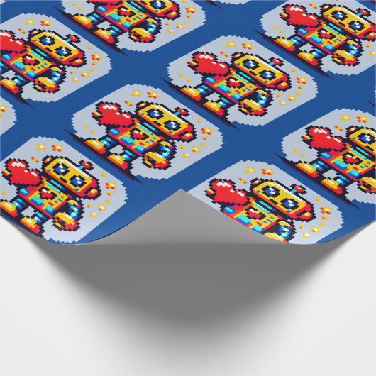 Papier Cadeau Robot avec coeur - Joli Pixel Art Design Sci-Fi (Coin)