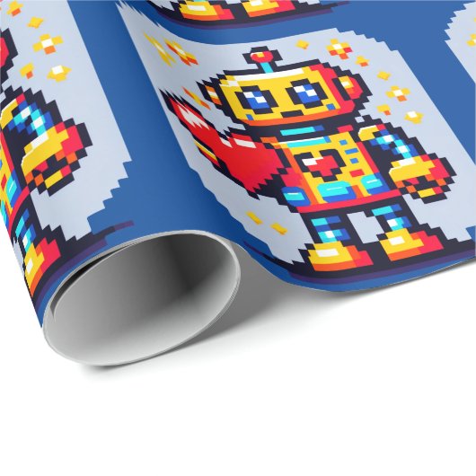 Papier Cadeau Robot avec coeur - Joli Pixel Art Design Sci-Fi (Coin rond)