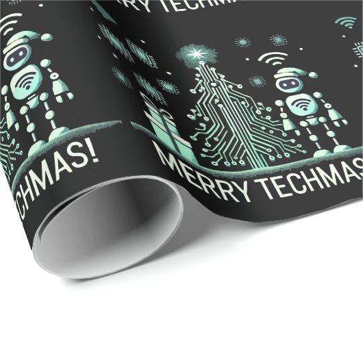 Papier Cadeau Robot IA avec arbre de Noël Tech - Joyeux Techmas (Coin rond)