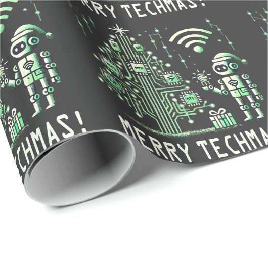 Papier Cadeau Robot IA avec arbre de Noël Tech - Joyeux Techmas (Coin rond)