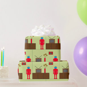 Papier Cadeau Robot Rouge Rétro Minimaliste Moderne du Milieu du