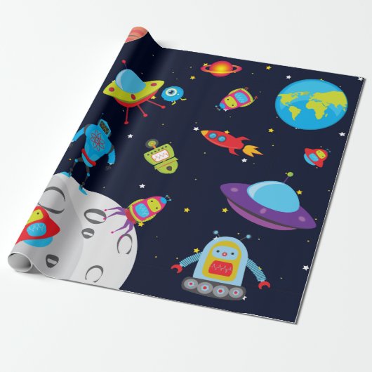 Papier Cadeau Robots en papier d'emballage d'espace (Déroulé)