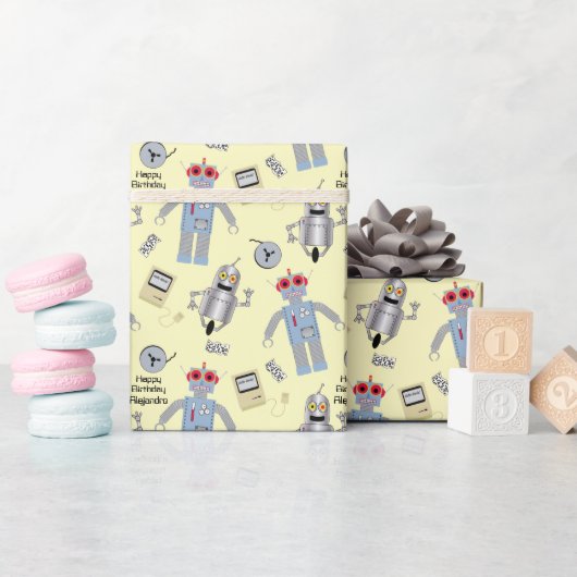 Papier Cadeau Robots et ordinateurs rétro mignons Message person (Baby Shower)
