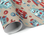 Papier Cadeau Robots rétro à motif bleu et rouge (Coin rond)