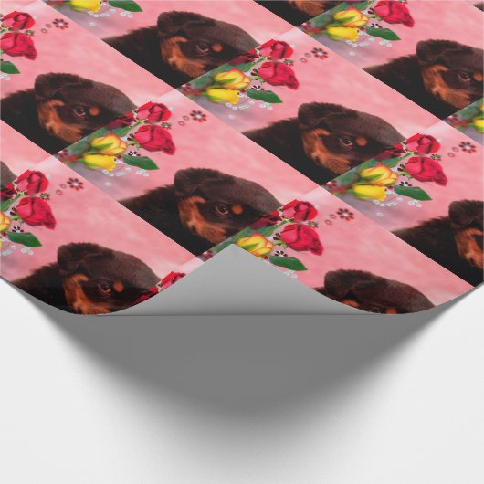 Papier Cadeau Robuste Chiot avec Fleurs Rouge et Jaune (Coin)