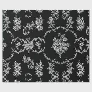 Papier Cadeau rococo floral botanique antique orné noir toile