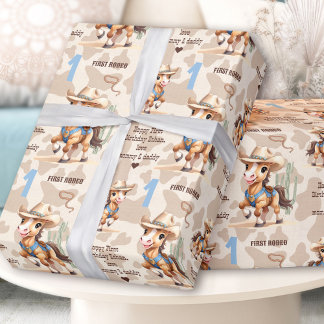 Papier Cadeau Rodeo Beige Cowboy Horse Western Nom 1er anniversa