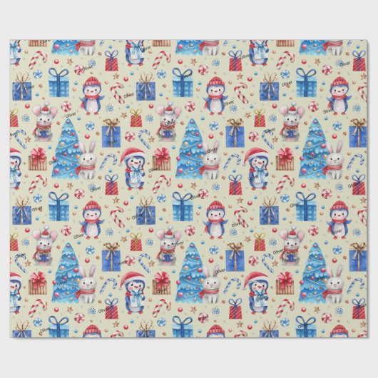 Papier Cadeau Roll, Nom Animaux de vacances Rouge-Bleu Whimsy Mo (Plat)