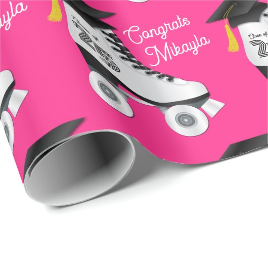 Papier Cadeau Roller Skate Graduation Party patinoire rose (Coin rond)