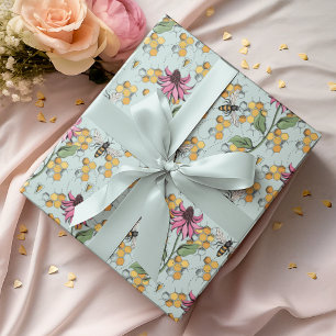 Papier Cadeau Romantique Aqua Queen Bee, peigne de miel & Fleurs