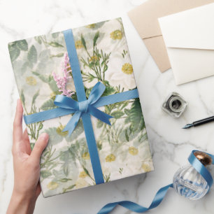 Papier Cadeau Romantique Fleurs blanches douces et Feuilles vert