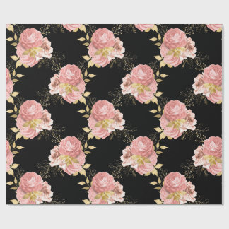 Papier cadeau romantique rose floral noir et or