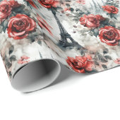 Papier Cadeau Romantique Rose Rouge Chic Tour Eiffel Paris Franç (Coin rond)