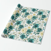 Papier Cadeau Romantique Turquoise Green Cream Rose Floral (Déroulé)