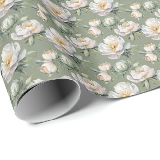 Papier Cadeau Romantique Vert Sauge Émuet et Blanc Floral de Piv