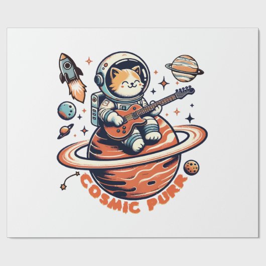 Papier Cadeau Ronron cosmique - Chat guitariste astro (Plat)