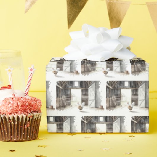 Papier Cadeau Rooster d'aquarelle dans une grange (Fête d'anniversaire)