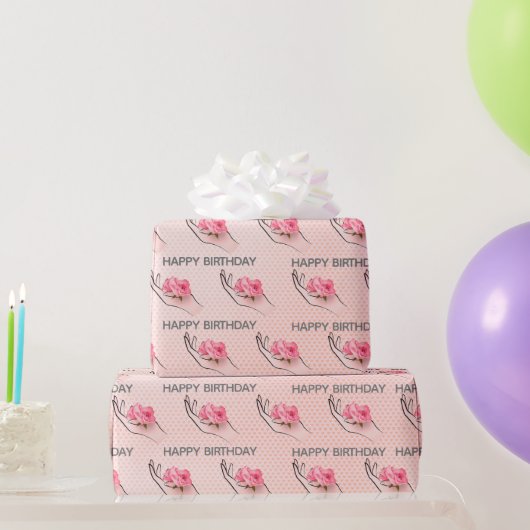 Papier Cadeau Rose Anniversaire À La Main Sur Les Coeurs (Cadeaux de fête)