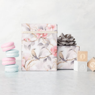 Papier Cadeau Rose asiatique florale oiseau