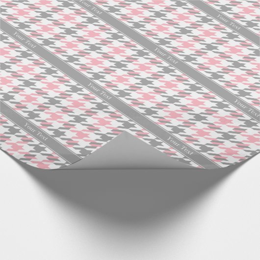 Papier Cadeau Rose Blanc Dk Gris Houndstooth Nom Monogramme (Coin)