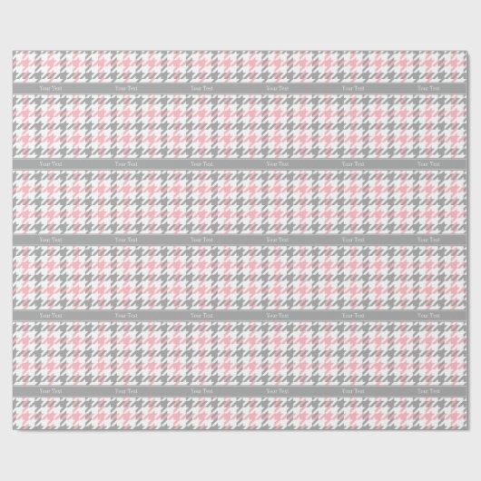 Papier Cadeau Rose Blanc Dk Gris Houndstooth Nom Monogramme (Plat)