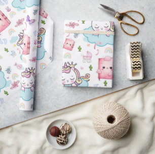 Papier Cadeau Rose Bleu Bébé Licorne Chat Arc-en-C