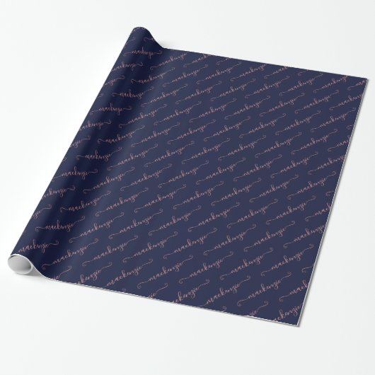Papier Cadeau Rose bleu marine or manuscrit Nom du script (Déroulé)