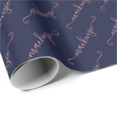 Papier Cadeau Rose bleu marine or manuscrit Nom du script (Coin rond)