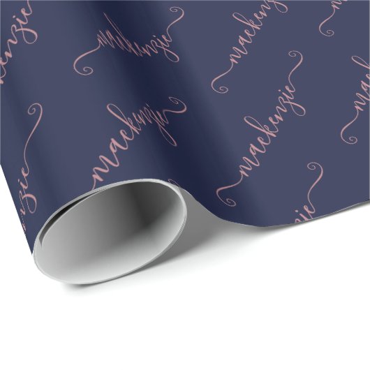 Papier Cadeau Rose bleu marine or manuscrit Nom du script (Coin rond)