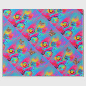 Papier Cadeau ROSE BLEU turquoise FLEURS BLANCHES, BOUTEILLES D' (Plat)