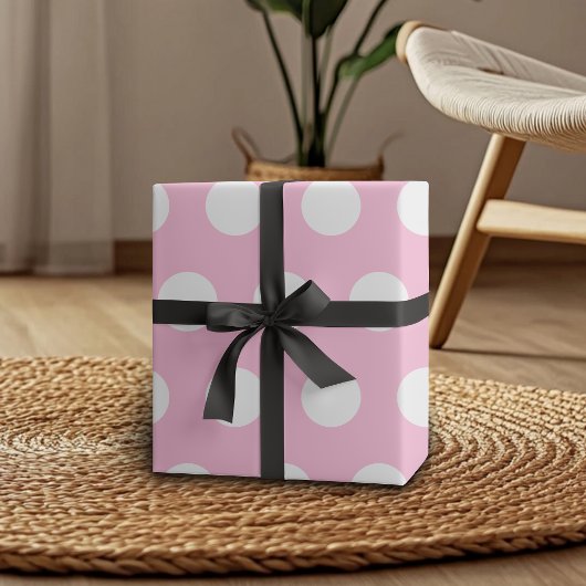 Papier Cadeau Rose Bonbon Blanc Gros Points