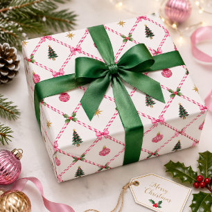 Papier Cadeau Rose Bonbon Canne à Sucre Treillis Prépa Noël