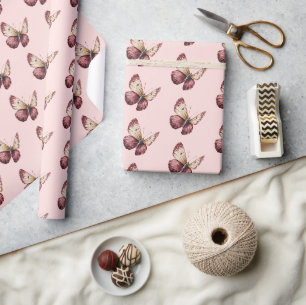 Papier Cadeau Rose Bourgogne Rouge Crème Papillon Anniversaire