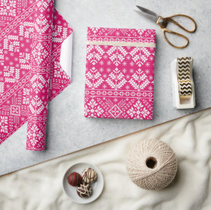 Papier Cadeau Rose Chaud et Blanc Noël Fair Isle Hiver