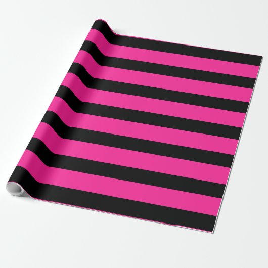 Papier Cadeau Rose Chaud & Rayures de Mode Noir Fête (Déroulé)