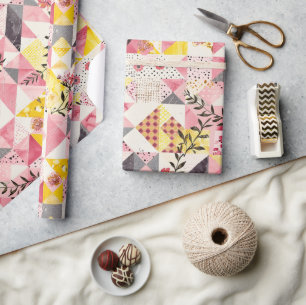 Papier Cadeau Rose Chaude Jaune Patchwork Gingham Cottagecore Fl
