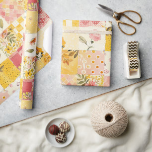 Papier Cadeau Rose Chaude Jaune Patchwork Gingham Cottagecore Fl