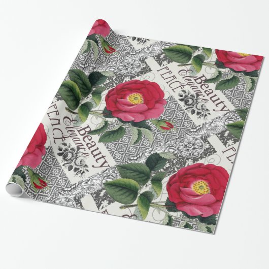 Papier Cadeau Rose Damask Joli Floral Antique (Déroulé)