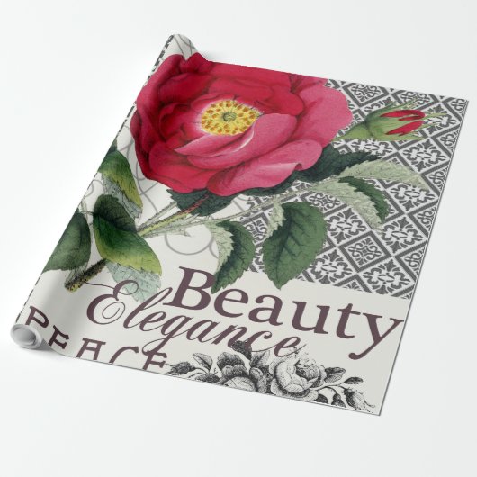 Papier Cadeau Rose Damask Joli Floral Antique (Déroulé)