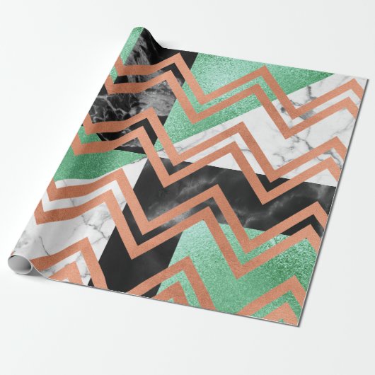 Papier Cadeau Rose en cuivre marbre or Carrara Chevron Mint noir (Déroulé)