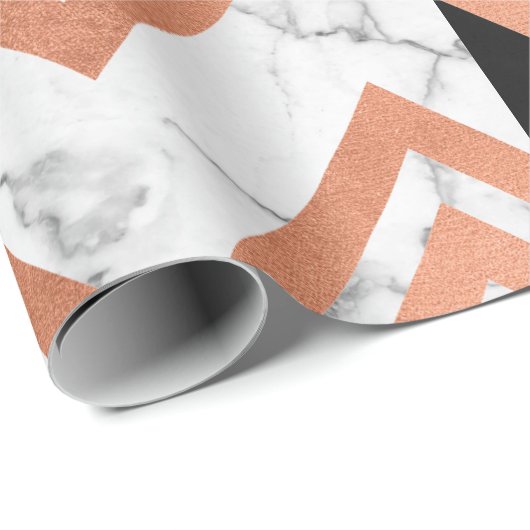 Papier Cadeau Rose en cuivre marbre or Carrara Chevron Mint noir (Coin rond)