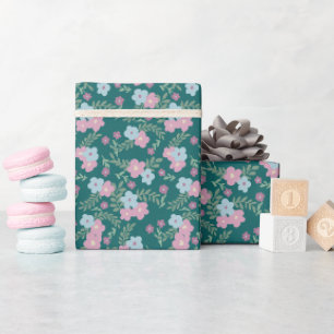 Papier Cadeau Rose et bleu, motif floral sur sarcelle – Moderne