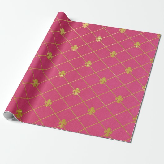 Papier Cadeau Rose et or. Fleur De Lis. (Déroulé)