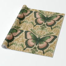 Papier cadeau rose et vert motif papillon