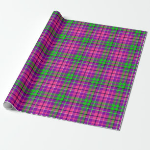 Papier Cadeau Rose et vert sur motif carreaux tartan violet