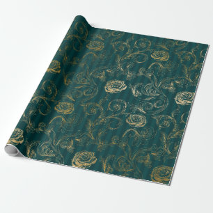 Papier Cadeau Rose florale sarcelle et or vintage